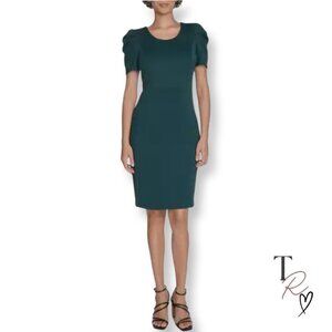Calvin Klein NWT Puff Sleeve Midi Sheath Career Cocktail Dress Dark Green Size 8